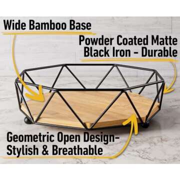 Elegant 12” Modern Fruit Bowl - Black & Bamboo Decorative Centerpiece