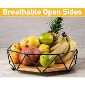 Stylish 12" Metal & Wood Fruit Bowl for Kitchen Counter