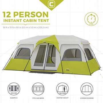 CORE 12 Person Instant Cabin Tent | Large 3 Room Family Pop Up Tent for 2 Minute Camp Setup | Included Storage Pockets for Camping Accessories