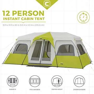 CORE 12 Person Instant Cabin Tent | Large 3 Room Family Pop Up Tent for 2 Minute Camp Setup | Included Storage Pockets for Camping Accessories