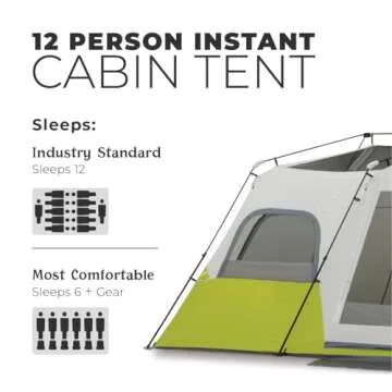 CORE 12 Person Instant Cabin Tent | Large 3 Room Family Pop Up Tent for 2 Minute Camp Setup | Included Storage Pockets for Camping Accessories