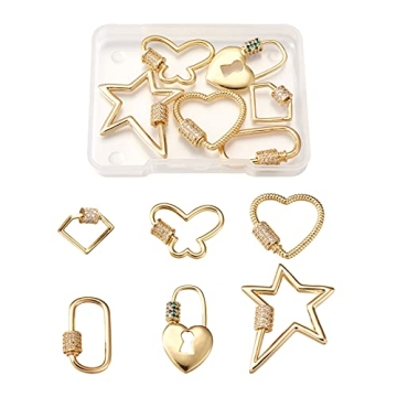 FASHEWELRY 6Pcs Brass Cubic Zirconia Screw Carabiner Lock Charms 6 Styles Oval Heart Star Necklace L...