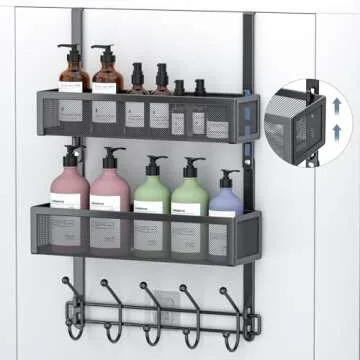 Aimeaihe Adjustable Over The Door Hooks Organizer, Door Hanger Coat Rack with 2 Mesh Baskets and 10 Hooks, Back of Door Storage Organizer for Bedroom,Bathroom,Kitchen (Black)