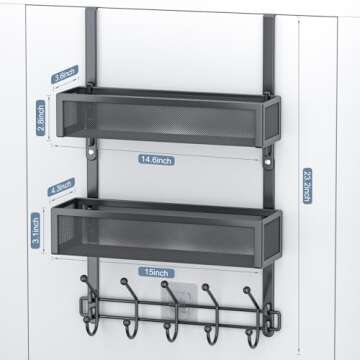 Aimeaihe Adjustable Over The Door Hooks Organizer, Door Hanger Coat Rack with 2 Mesh Baskets and 10 Hooks, Back of Door Storage Organizer for Bedroom,Bathroom,Kitchen (Black)