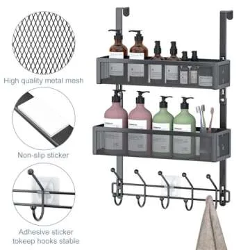Aimeaihe Adjustable Over The Door Hooks Organizer, Door Hanger Coat Rack with 2 Mesh Baskets and 10 Hooks, Back of Door Storage Organizer for Bedroom,Bathroom,Kitchen (Black)