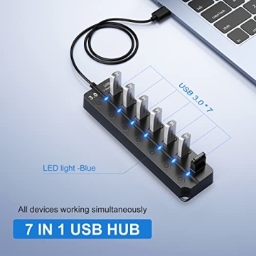 ONFINIO USB Hub 3.0 - 7-Port with Individual Switches and Lights