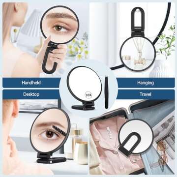 B Beauty Planet 30X Magnifying Mirror, Hand Mirror with Handle, Double Sided Hand Mirror with 30X/1X Magnification, Essential Travel Mirror, Portable Foldable Makeup Mirror for Precision Makeup Black