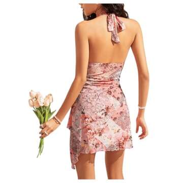 Milumia Women's Halter Tie Back Floral Mini Dress Deep V Neck Wrap Beach Dresses Pink Small