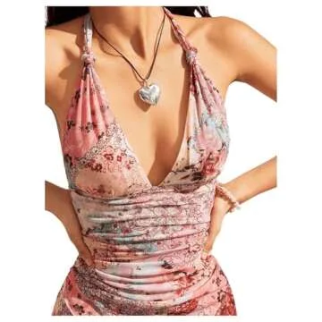 Milumia Women's Halter Tie Back Floral Mini Dress Deep V Neck Wrap Beach Dresses Pink Small