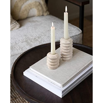 HofferRuffer Travertine Candlestick Holders, Set of 2 Natural Stone Candle Holder Decorative Candle Stands for Wedding, Dinning, Party, Table Centerpieces, Fits 3/4'' Thick Candles (Cream White)