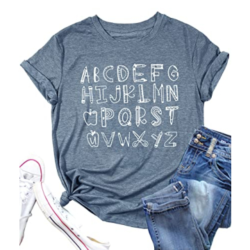 Teacher Shirt Women Teaching T-shirt Alphabet Graphic Tee Tops Kindergarten Teachers Gift T-Shirt Bl...