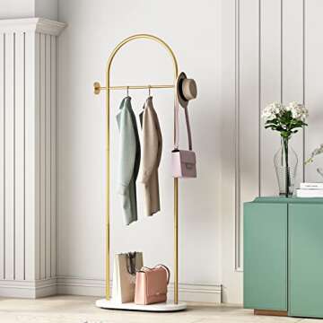 DR.IRON Modern Gold Clothes Rack with Marble Base & Shelving for Entryway