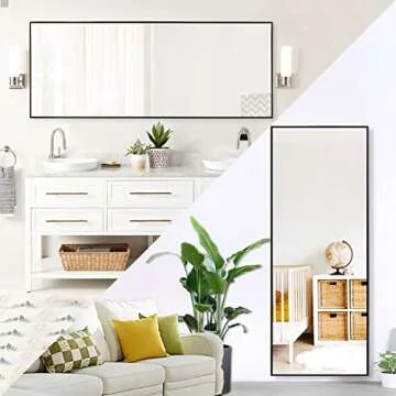 NeuType 64" x 21" Full Length Mirror, Aluminum Alloy Frame Floor Mirror with Stand, Large Bedroom Mirror, Free Standing or Wall Mounted or Leaning Against Wall, Black