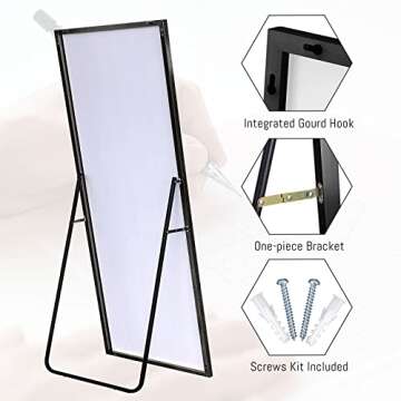 NeuType 64" x 21" Full Length Mirror, Aluminum Alloy Frame Floor Mirror with Stand, Large Bedroom Mirror, Free Standing or Wall Mounted or Leaning Against Wall, Black