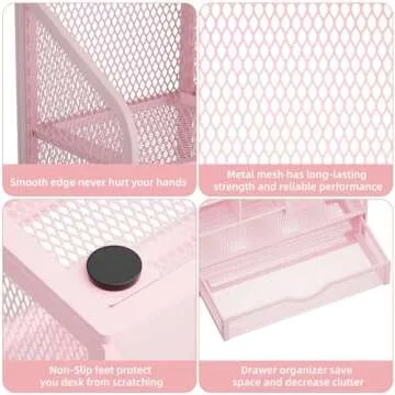 Marbrasse Mesh Pen Holder for Desk, Desk Organizer with Drawer, Multi-Functional Pencil Organizer, Desk Organizers and Accessories for Office Art Supplies (Pink), MESH B17