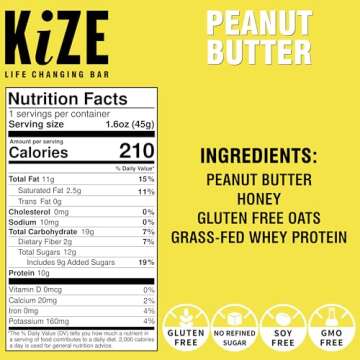 KiZE Energy Peanut Butter High Protein Snack Bars, 10 Count, 10g Grass-Fed Whey Protein, Gluten Free, Non-GMO, Soy Free, Mission Based, Made in USA