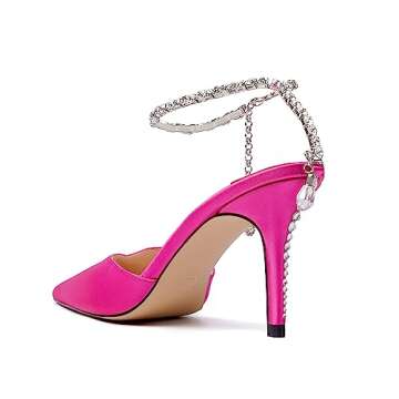 Vertundy Women's High Heel Stiletto Pumps Closed Pointed Toe Rhinestone Ankle Strap Fashion Satin Strappy Sandals Comfortable Party Wedding Dressy Shoes Hot Pink Sparkly Sparkle