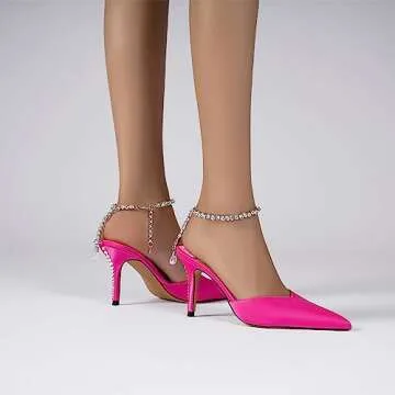 Vertundy Women's High Heel Stiletto Pumps Closed Pointed Toe Rhinestone Ankle Strap Fashion Satin Strappy Sandals Comfortable Party Wedding Dressy Shoes Hot Pink Sparkly Sparkle