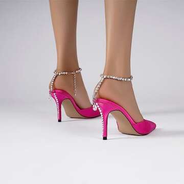 Vertundy Women's High Heel Stiletto Pumps Closed Pointed Toe Rhinestone Ankle Strap Fashion Satin Strappy Sandals Comfortable Party Wedding Dressy Shoes Hot Pink Sparkly Sparkle