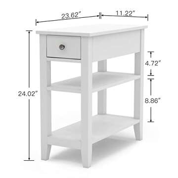ChooChoo Side Table Living Room, Narrow End Table with Drawer and Shelf, 3-Tier Sofa End Table for Small Space, White