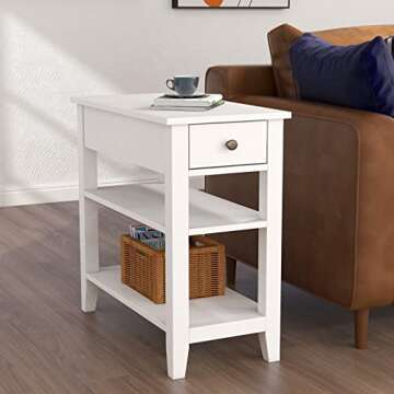 ChooChoo Side Table Living Room, Narrow End Table with Drawer and Shelf, 3-Tier Sofa End Table for Small Space, White
