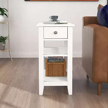 ChooChoo Side Table Living Room, Narrow End Table with Drawer and Shelf, 3-Tier Sofa End Table for Small Space, White