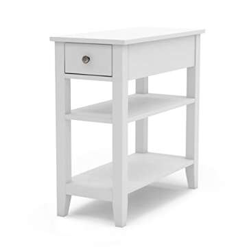 ChooChoo Side Table Living Room, Narrow End Table with Drawer and Shelf, 3-Tier Sofa End Table for Small Space, White