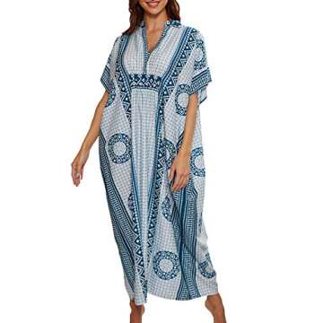 Chunoy Women Embroidery Loose Lightweight V Neck Turkish Kaftan Kimono Summer Long Beach Wear Cover Up Maxi Dress Blue
