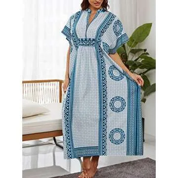 Chunoy Women Embroidery Loose Lightweight V Neck Turkish Kaftan Kimono Summer Long Beach Wear Cover Up Maxi Dress Blue