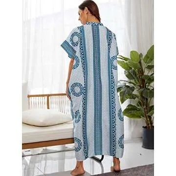 Chunoy Women Embroidery Loose Lightweight V Neck Turkish Kaftan Kimono Summer Long Beach Wear Cover Up Maxi Dress Blue