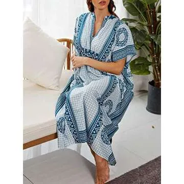 Chunoy Women Embroidery Loose Lightweight V Neck Turkish Kaftan Kimono Summer Long Beach Wear Cover Up Maxi Dress Blue