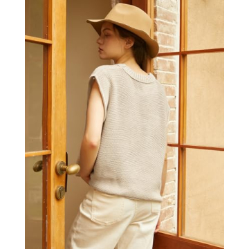 Locachy Women's Vintage Crew Neck Sweater Vest Casual Cap Sleeve Knit Pullover Tank Top Beige M