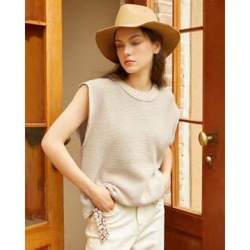 Locachy Women's Vintage Crew Neck Sweater Vest Casual Cap Sleeve Knit Pullover Tank Top Beige M