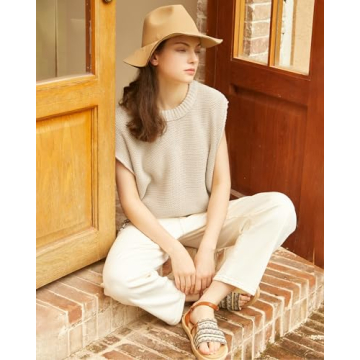 Locachy Women's Vintage Crew Neck Sweater Vest Casual Cap Sleeve Knit Pullover Tank Top Beige M