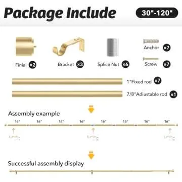 GEEBOBO Gold Curtain Rods for Windows 66 to 120 Inch, 1 Inch Adjustable Heavy Duty Easy Install Curtain Rods Set for Outdoor, Patio, Farmhouse, Bedroom, Living Room (Gold, 30"-120")