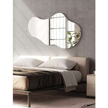 Mirrona 46"x26" Asymmetrical Irregular Wall Mirror, Frameless Decorative Mirror for Livingroom Bedroom Bathroom Entryway Over Sink Vanity, Horizontally or Vertically Wall Mounted, White, Cloud