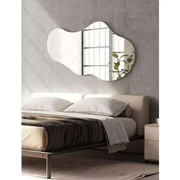 Mirrona 46"x26" Asymmetrical Irregular Wall Mirror, Frameless Decorative Mirror for Livingroom Bedroom Bathroom Entryway Over Sink Vanity, Horizontally or Vertically Wall Mounted, White, Cloud