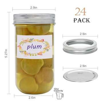 Mason Jars 12 oz, Glass Jars with Airtight Lid, Canning Jars with Regular Lids and Bands 24 PACK, Id...