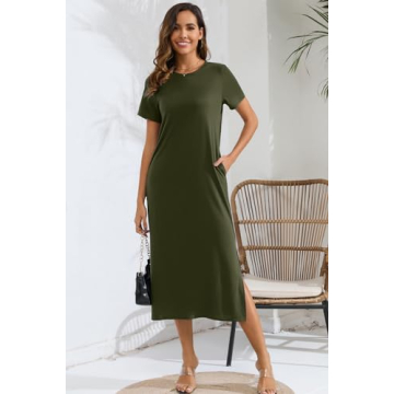 Naggoo Women's Short Sleeve Split Maxi Dress Casual Plain Tie Dye Print Tshirt Long Dresses with Pockets