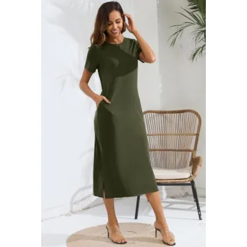 Naggoo Women's Short Sleeve Split Maxi Dress Casual Plain Tie Dye Print Tshirt Long Dresses with Pockets