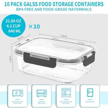 Skroam 10 Pack Glass Meal Prep Containers - Airtight Kitchen Storage for Lunch & Food