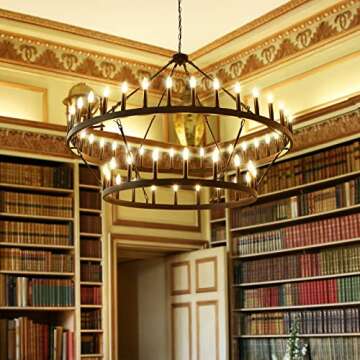 Yikrfiae Black Wagon Wheel Chandelier 2 Tier 54-Lights 60 Inch Extra Large Farmhouse Pendant Light F...