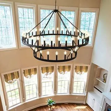Yikrfiae Black Wagon Wheel Chandelier 2 Tier 54-Lights 60 Inch Extra Large Farmhouse Pendant Light Fixture, Round Rustic Hanging Lighting for Dining Room Kitchen Island Foyer Entryway