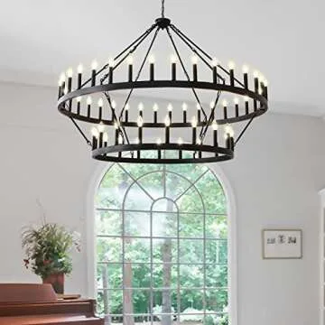 Yikrfiae Black Wagon Wheel Chandelier 2 Tier 54-Lights 60 Inch Extra Large Farmhouse Pendant Light Fixture, Round Rustic Hanging Lighting for Dining Room Kitchen Island Foyer Entryway