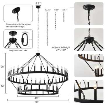 Yikrfiae Black Wagon Wheel Chandelier 2 Tier 54-Lights 60 Inch Extra Large Farmhouse Pendant Light Fixture, Round Rustic Hanging Lighting for Dining Room Kitchen Island Foyer Entryway