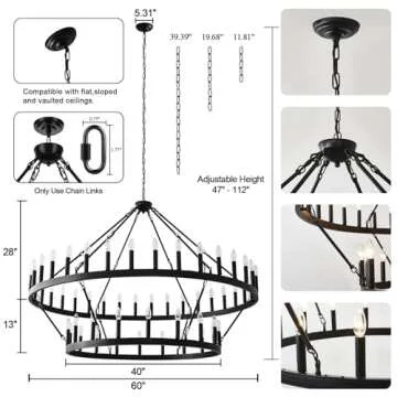 Yikrfiae Black Wagon Wheel Chandelier 2 Tier 54-Lights 60 Inch Extra Large Farmhouse Pendant Light Fixture, Round Rustic Hanging Lighting for Dining Room Kitchen Island Foyer Entryway