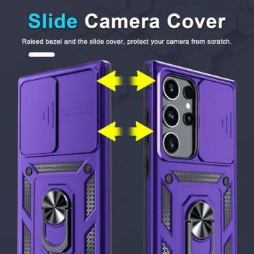 Janmitta Compatible with Samsung Galaxy S25 Ultra Case Built in Slide Camera Lens Cover+Screen Protector+Finger Ring Holder Kickstand,Heavy Duty Shockproof Full Body Phone Cover,2025 Purple