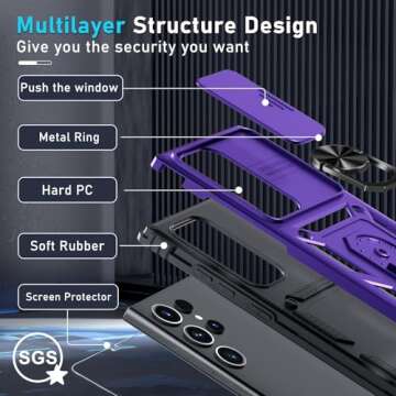 Janmitta Compatible with Samsung Galaxy S25 Ultra Case Built in Slide Camera Lens Cover+Screen Protector+Finger Ring Holder Kickstand,Heavy Duty Shockproof Full Body Phone Cover,2025 Purple