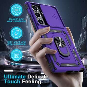 Janmitta Compatible with Samsung Galaxy S25 Ultra Case Built in Slide Camera Lens Cover+Screen Protector+Finger Ring Holder Kickstand,Heavy Duty Shockproof Full Body Phone Cover,2025 Purple