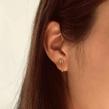 LOYATA Safety Pin Earrings Gold Stud Diamond Cubic Zirconia 14K Gold Filled Dainty Small Simple Hypoallergenic Jewelry Gift for Women